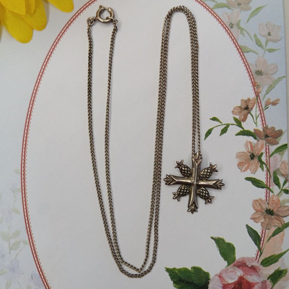 Vintage Estate MILOTTA '76 Sterling Silver Cross & Pineapple Pendant Necklace 5g